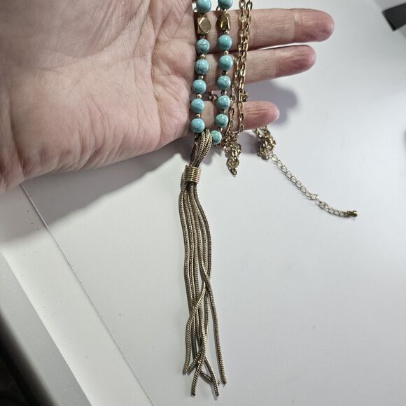 Gold Tone Long Necklace With Turquoise And Tassel Pendant 40 To 43" - Picture 3 of 13
